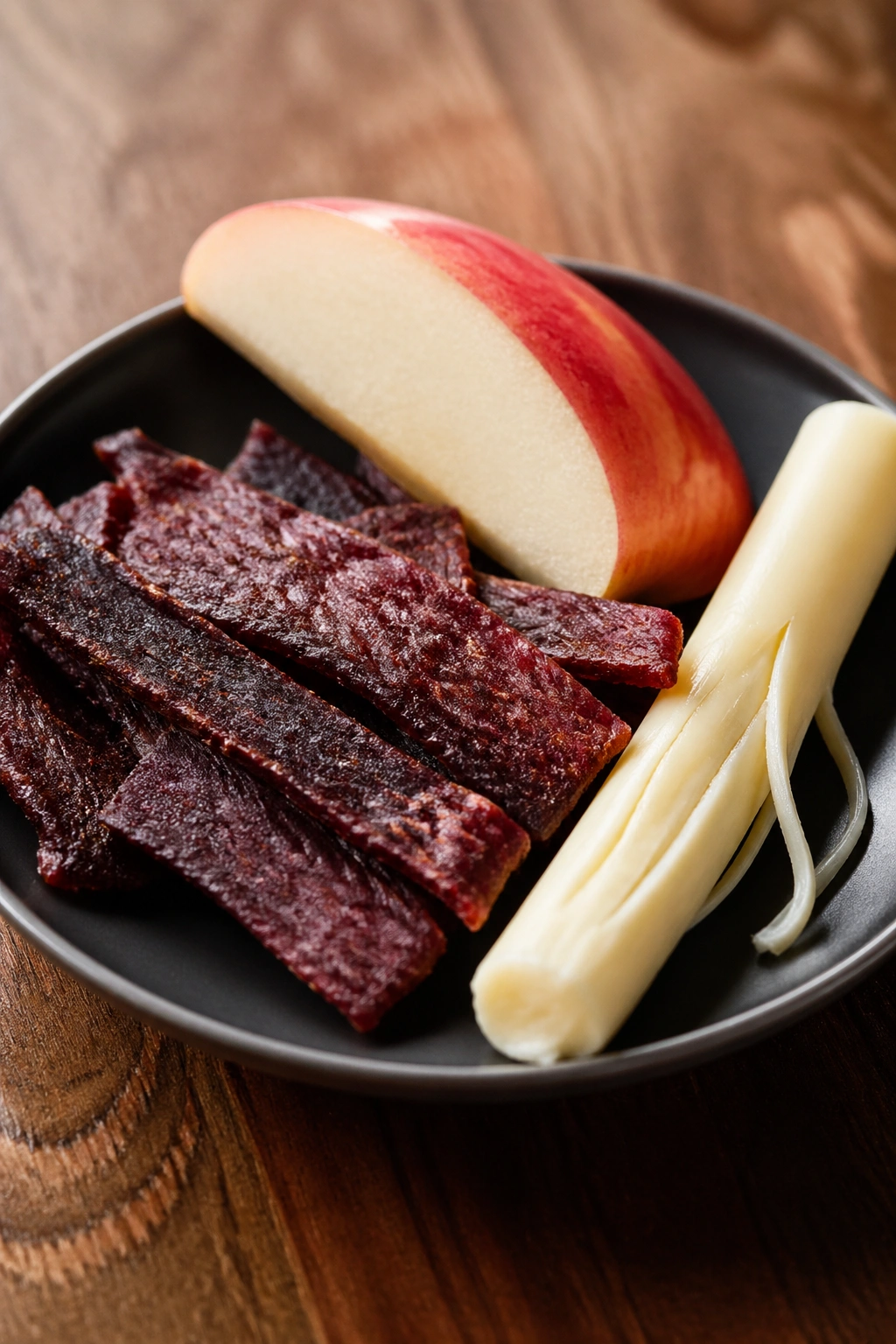 Jerky, apple, and string cheese arranged on a plate