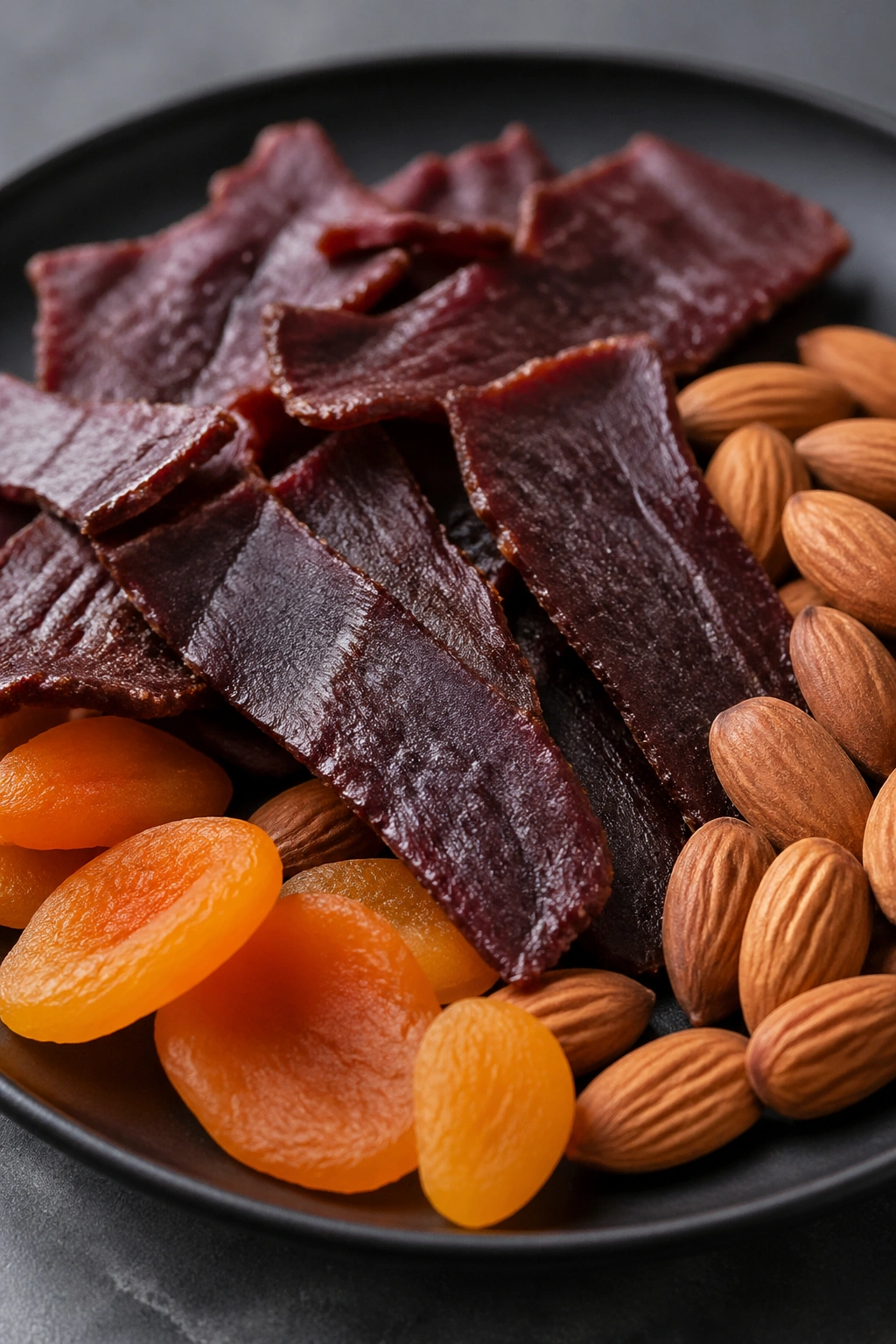 Close-up of jerky with dried fruit and almonds on a dark plate
