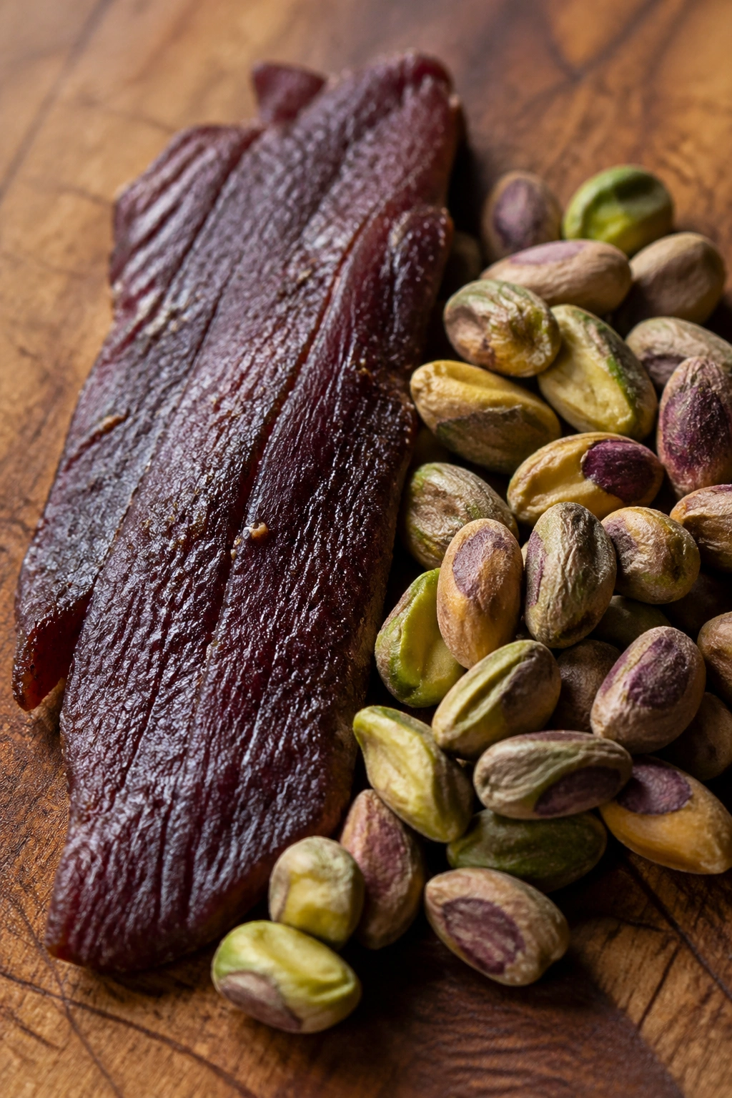 Close-up of jerky with pistachios on a wooden board, portable high-protein snack