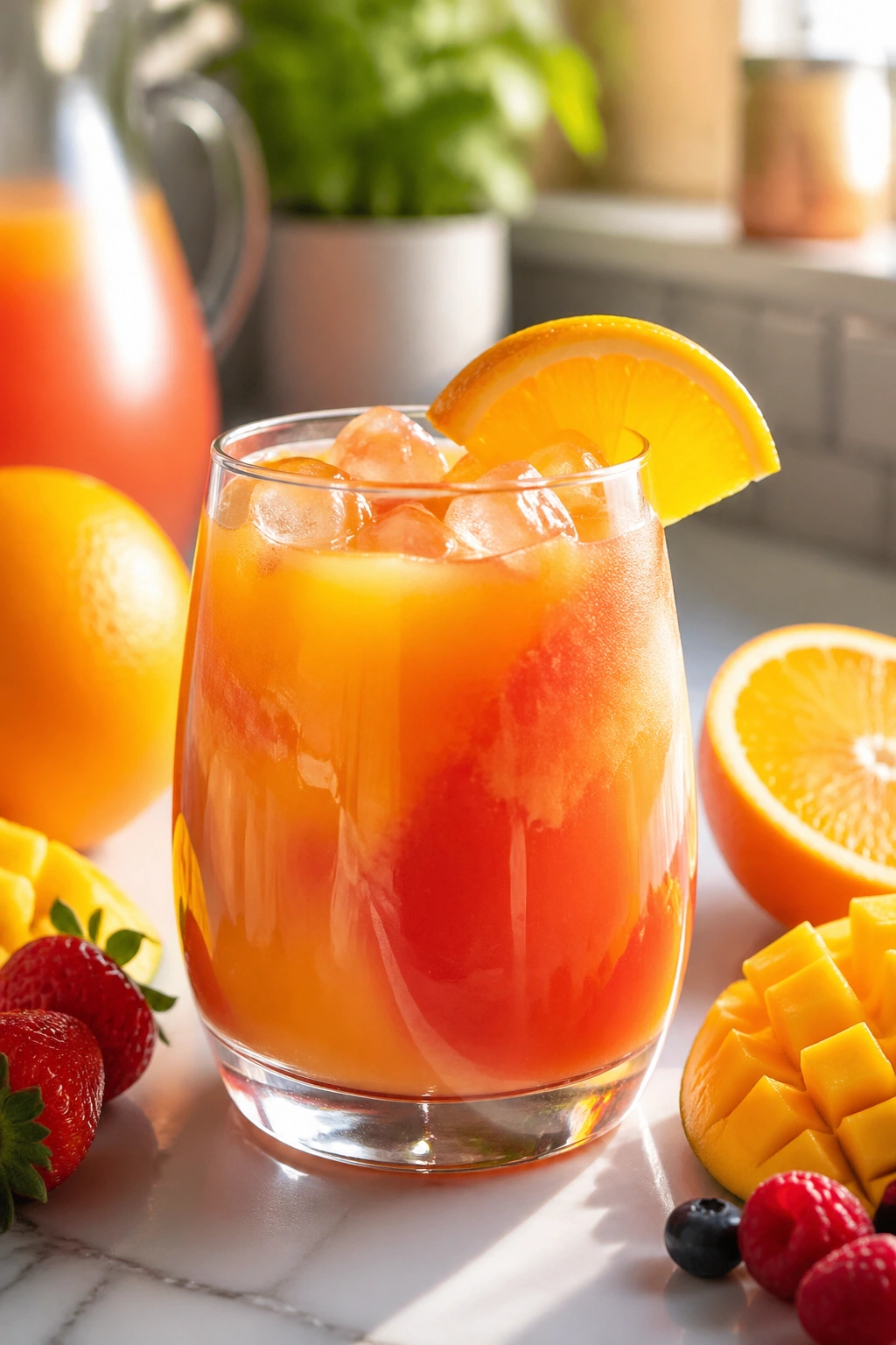 Colorful juice cocktail in glass with fruit garnish on a bright breakfast table