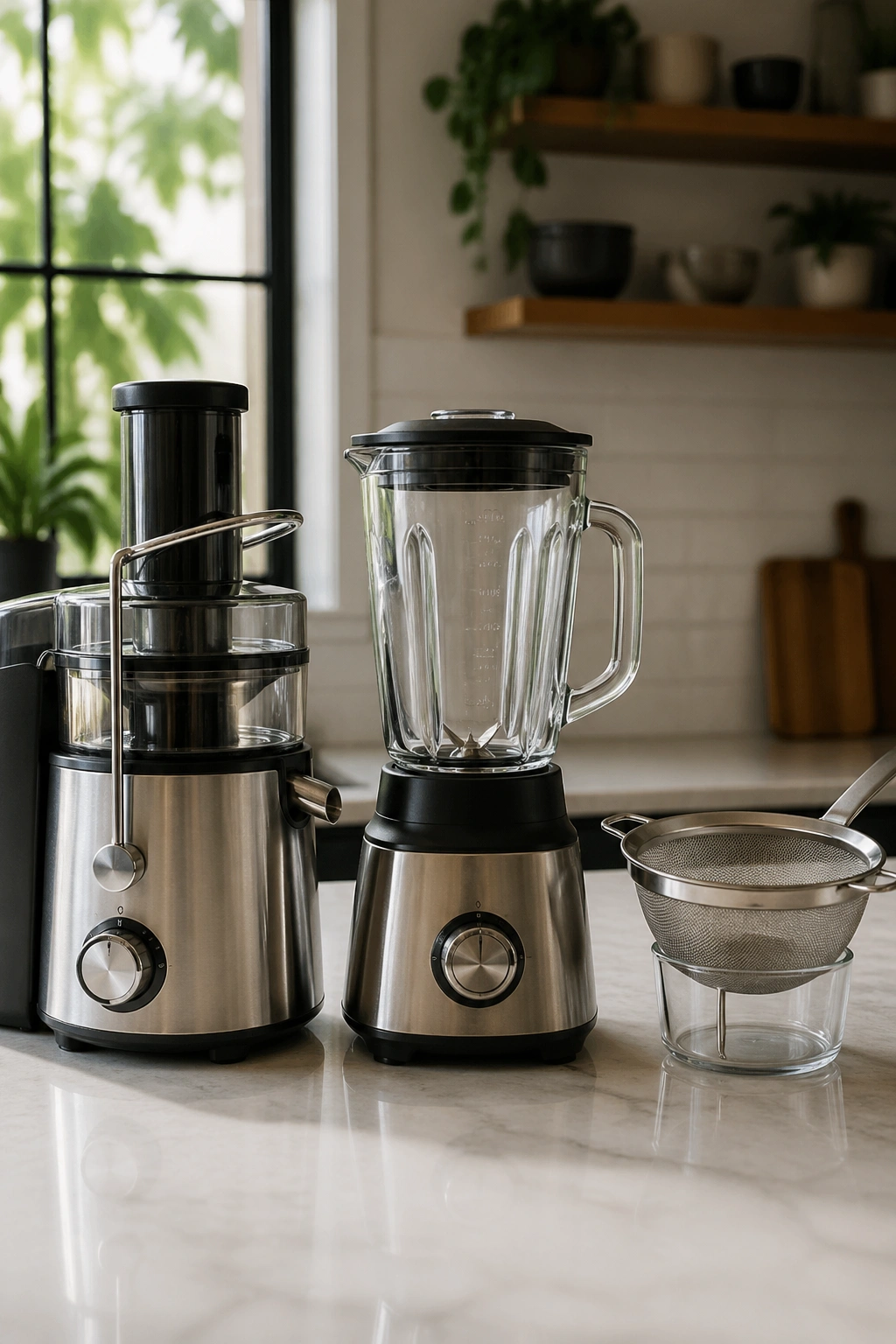Close-up of a stainless steel juicer on a kitchen counter