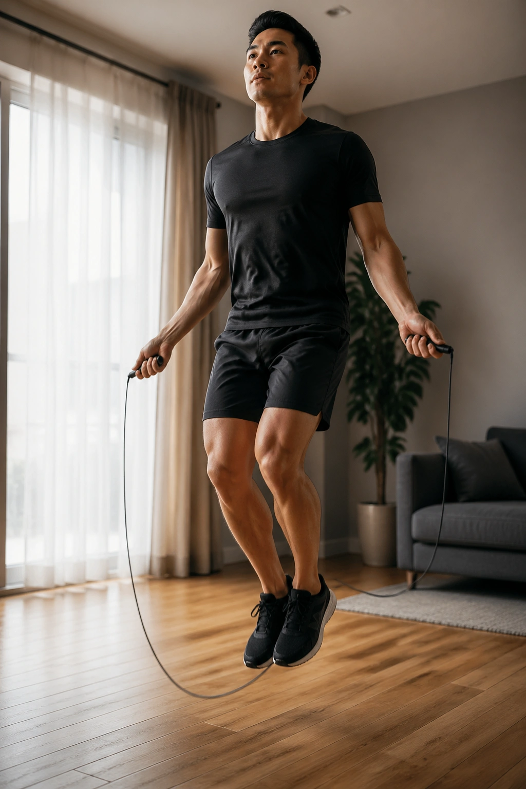 Close-up of a person jumping rope in a small living area