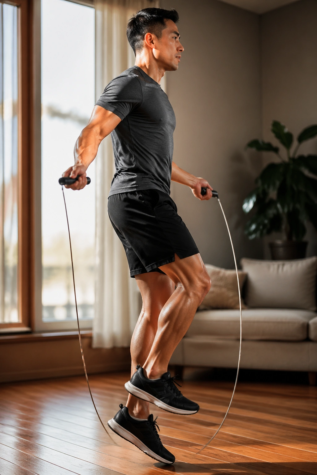 Real person performing boxer step with jump rope in a living room