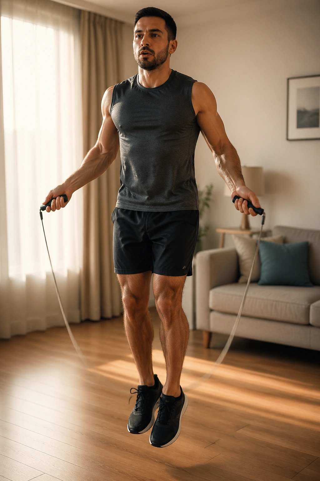 Medium-close shot of a person jump roping at home during intervals in a simple living room