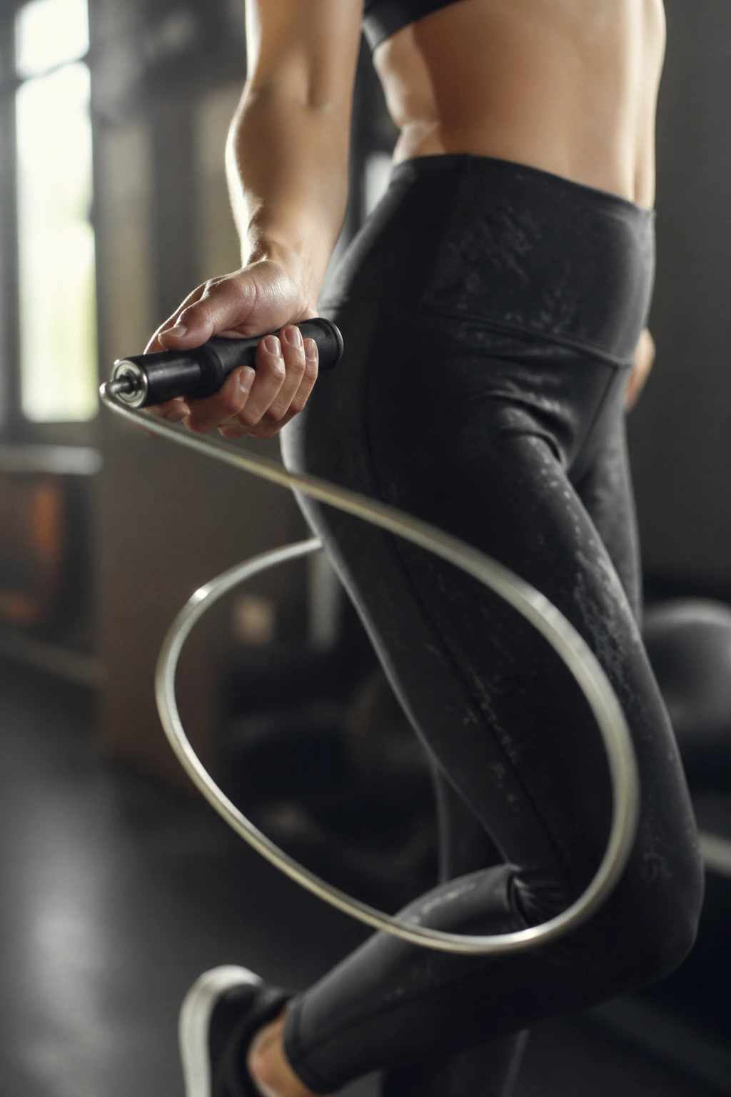 Close-up of a jump rope in motion during a cardio session.