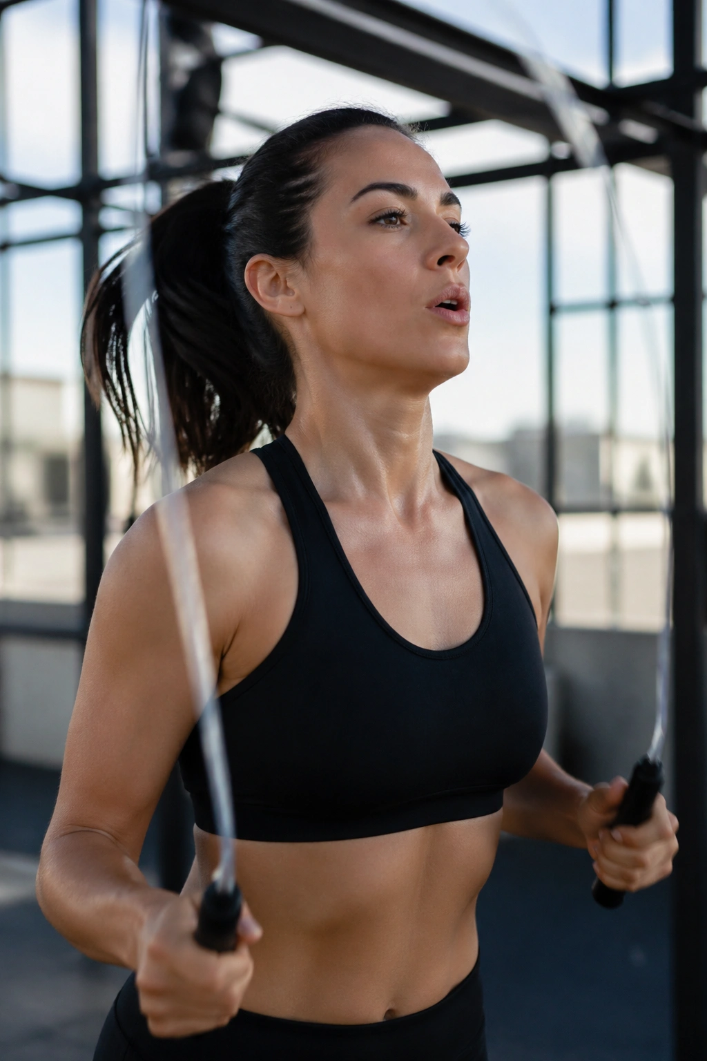 Upper body shot of a person jumping rope during intervals