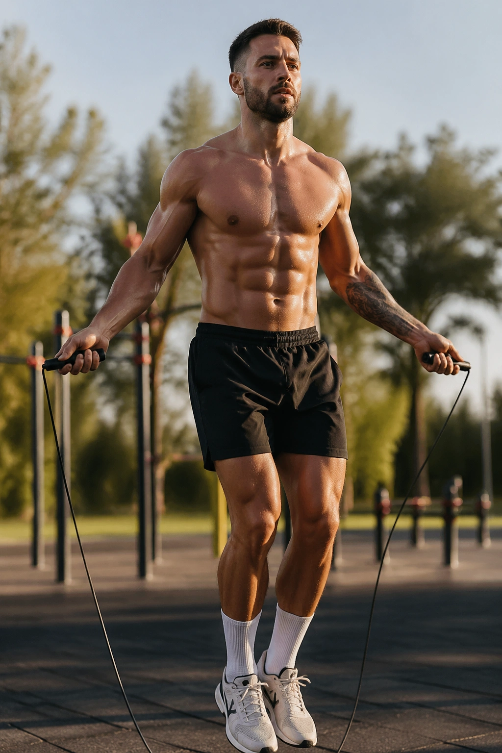 Athlete performing jump rope intervals outdoors in park with rope blurred motion