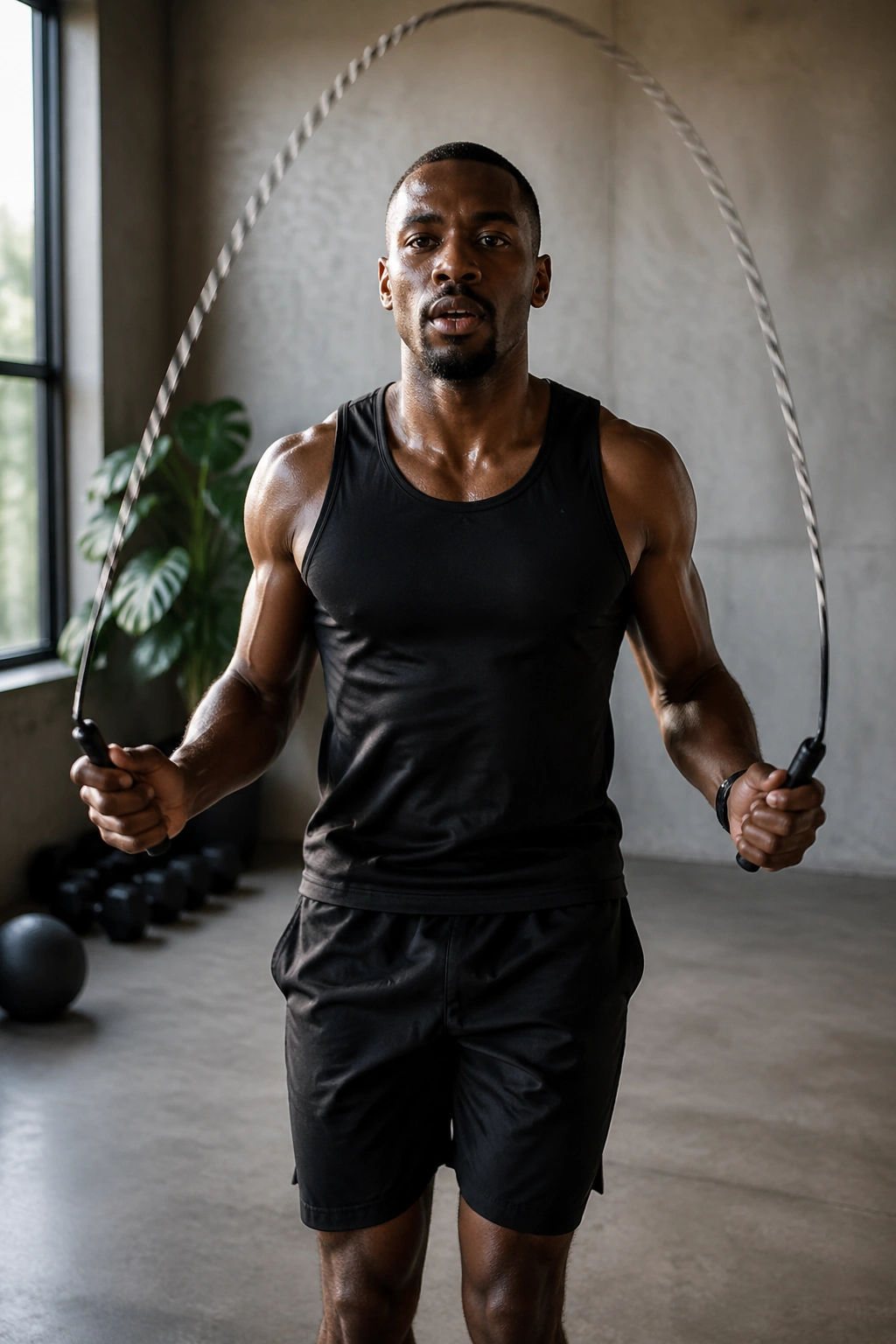 Close-up of a fit person performing rope intervals between strength sets in a home gym