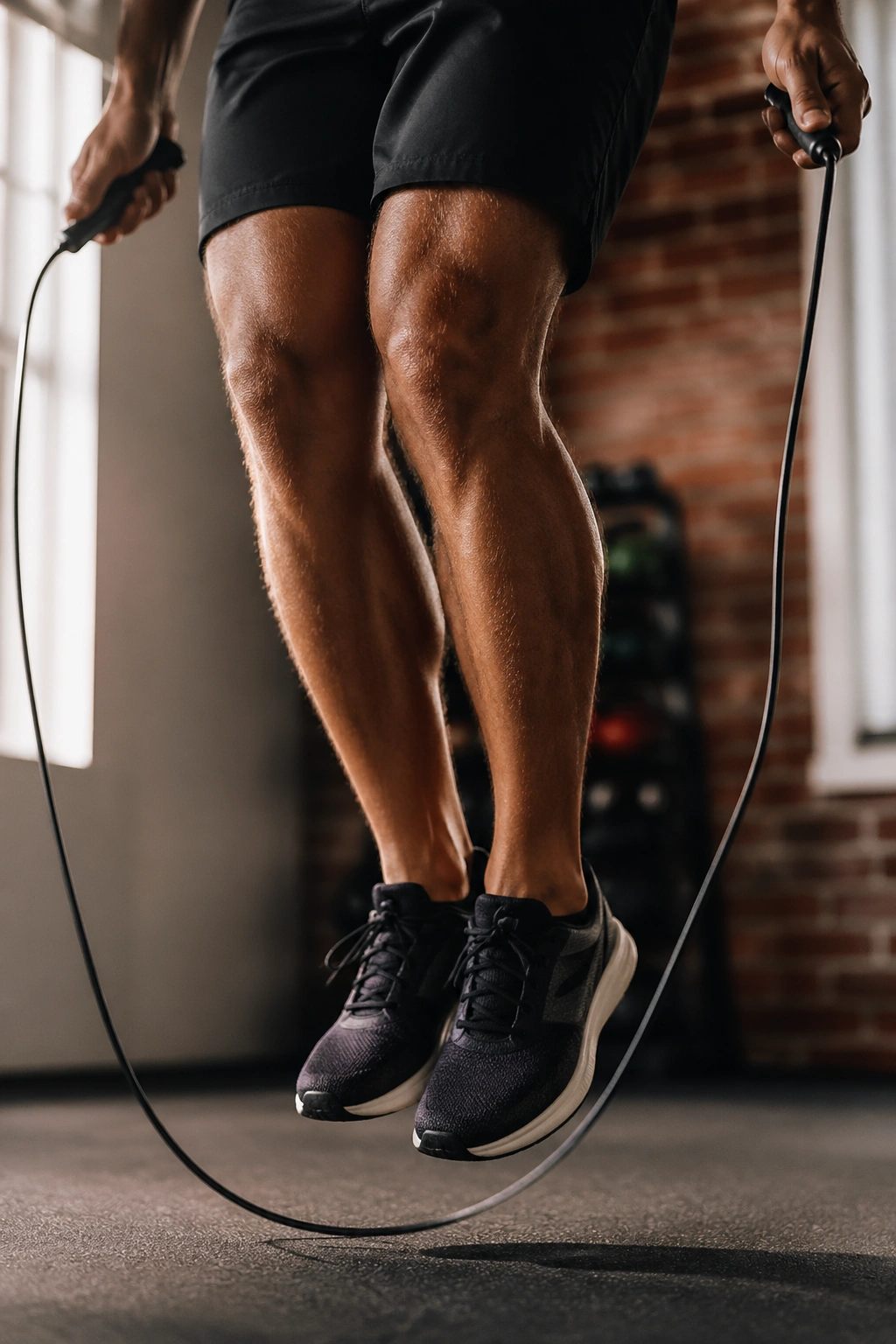 Person jump roping in a small gym space