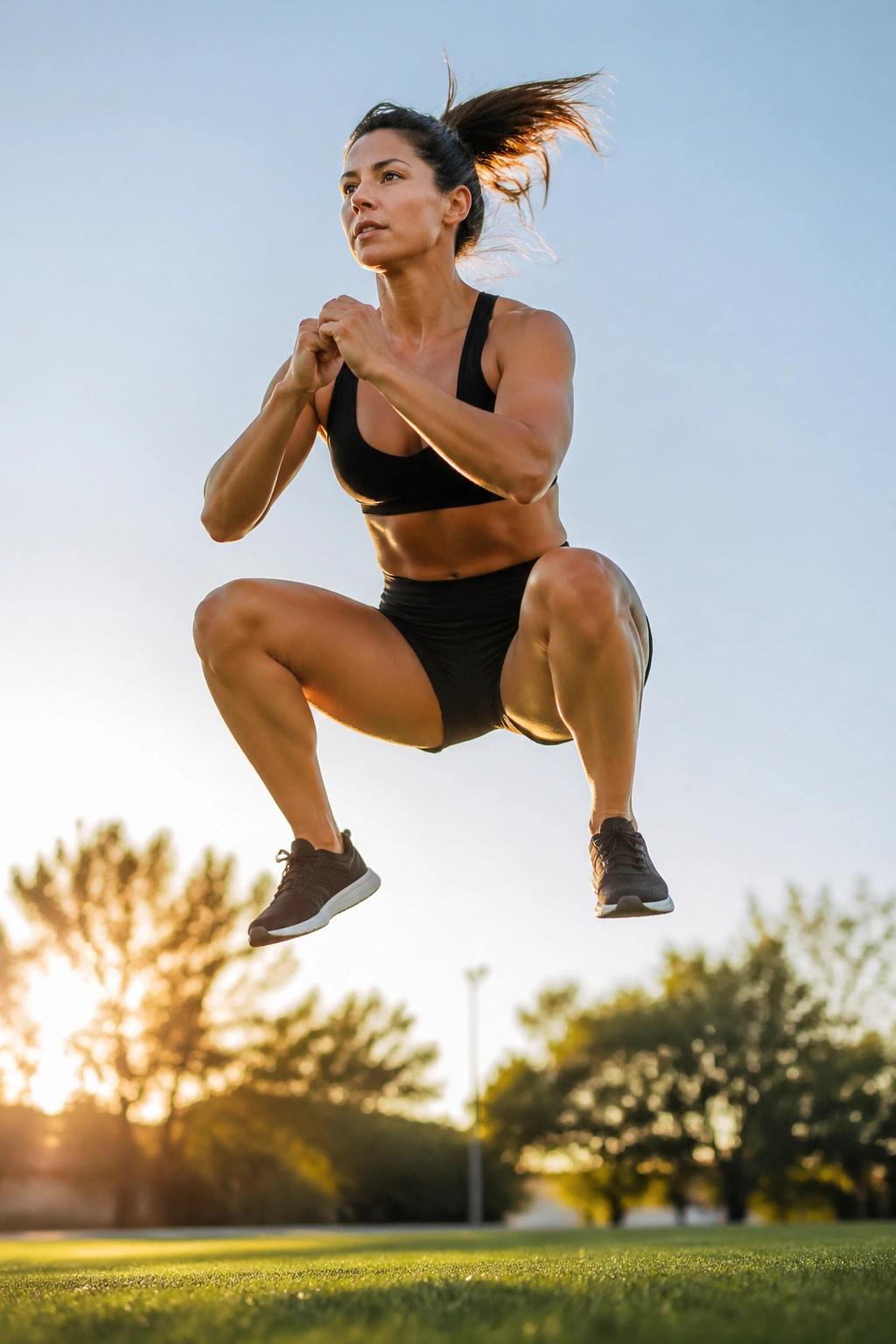 Person performing a jump squat mid-air in an outdoor park at sunset