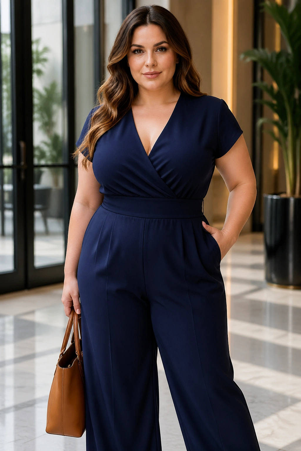 Real woman in a waist-defined jumpsuit in a chic urban interior