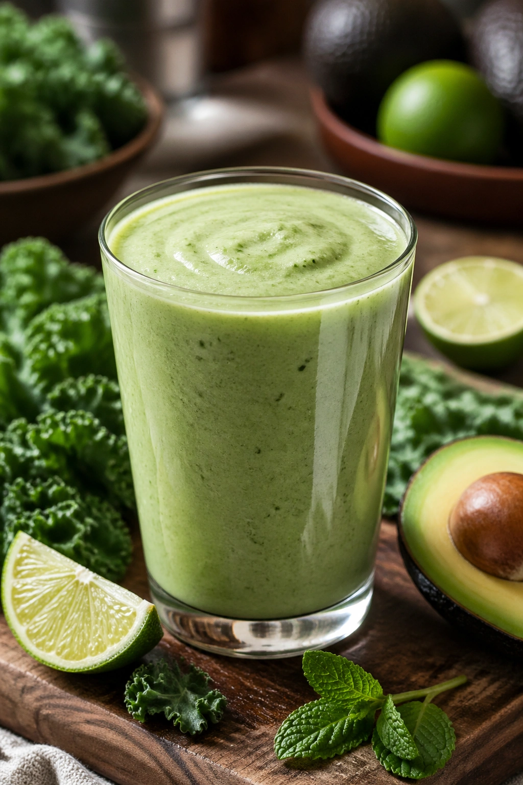 Creamy kale avocado lime smoothie in a glass