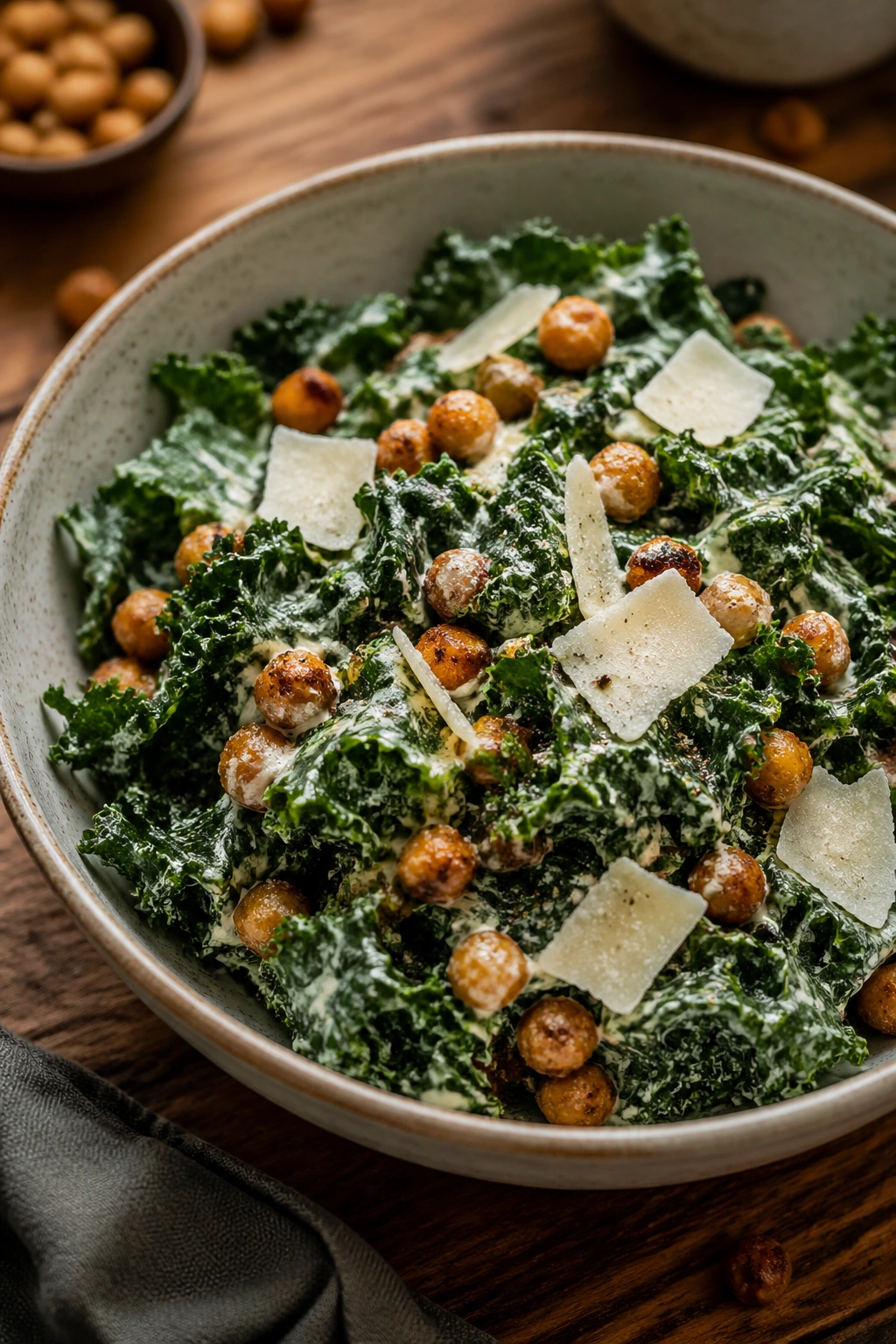 Close-up of Kale Caesar with Chickpeas in a bowl