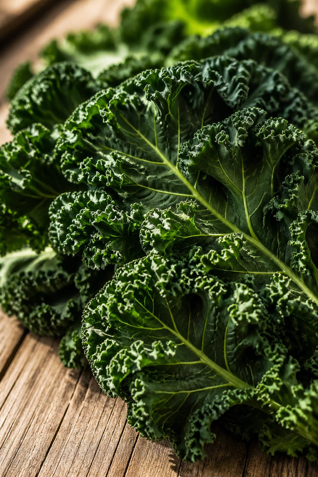 Close-up of kale leaves filling the frame on a wooden surface