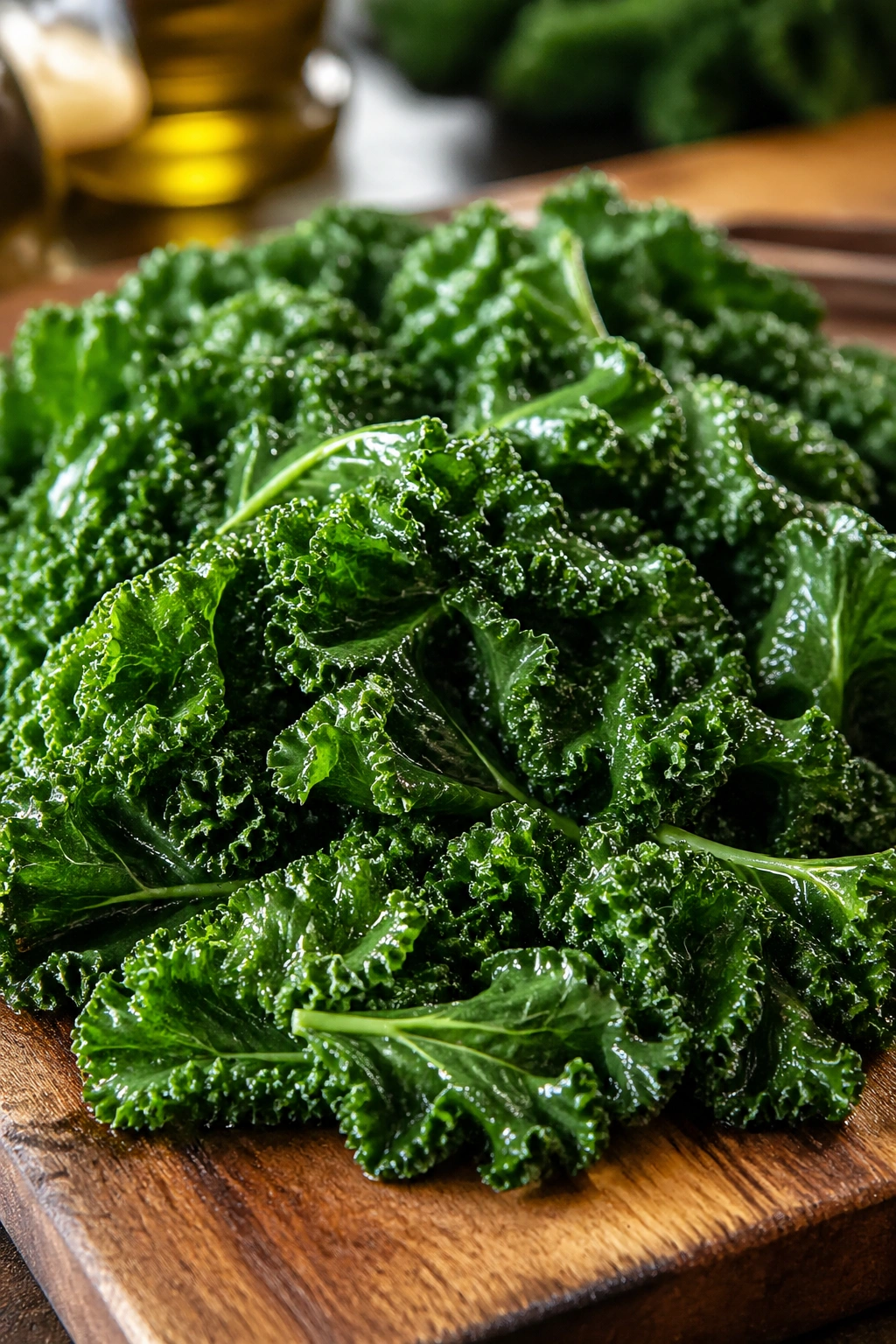 Bright kale leaves after massaging on a wooden cutting board in a warm kitchen