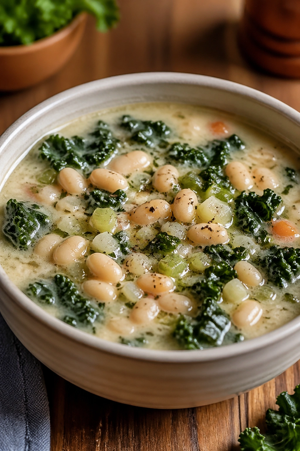 Close-up of Kale and White Bean Protein Soup with cannellini beans and kale in a creamy broth
