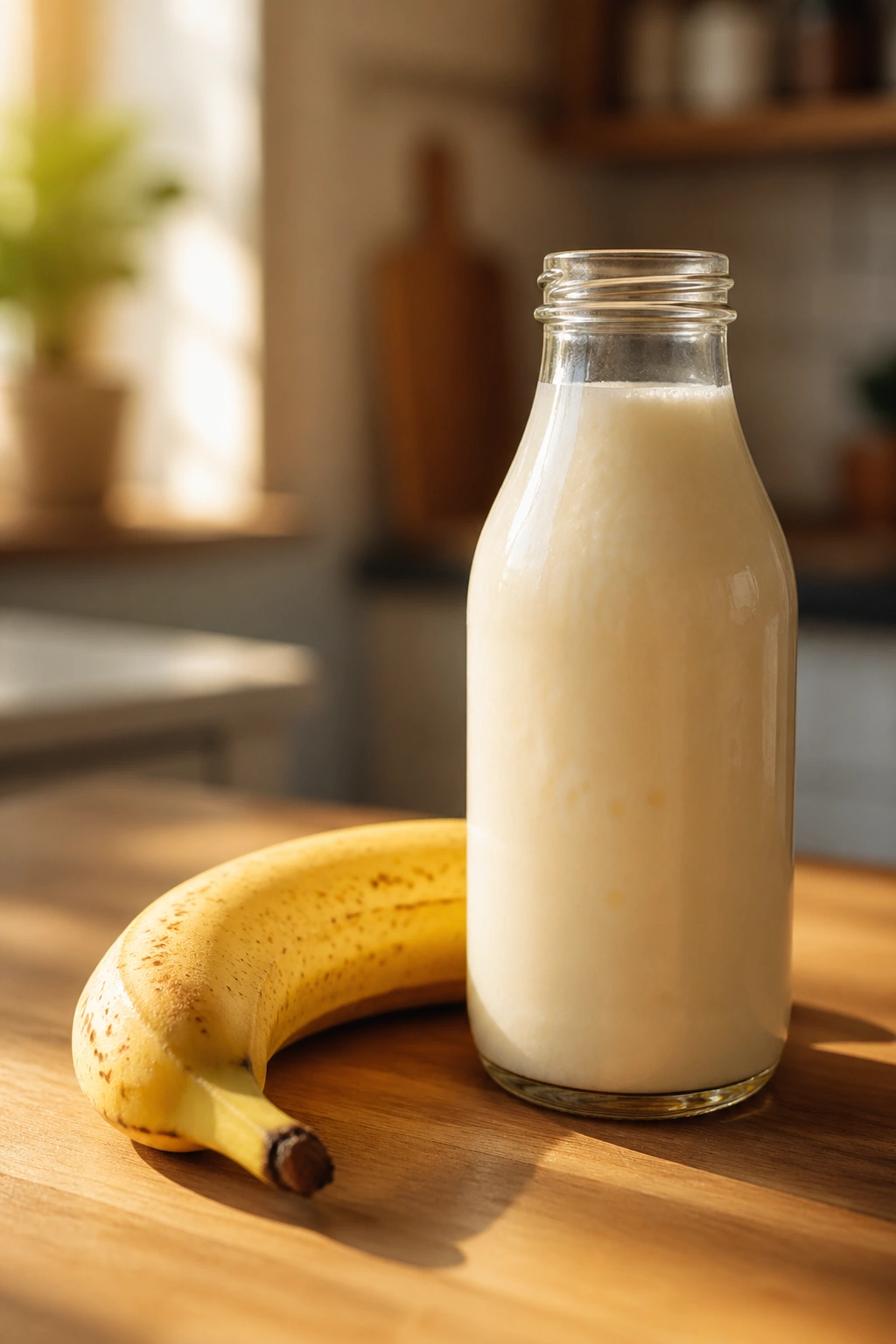 Close-up of kefir bottle and banana on a wooden counter with morning light