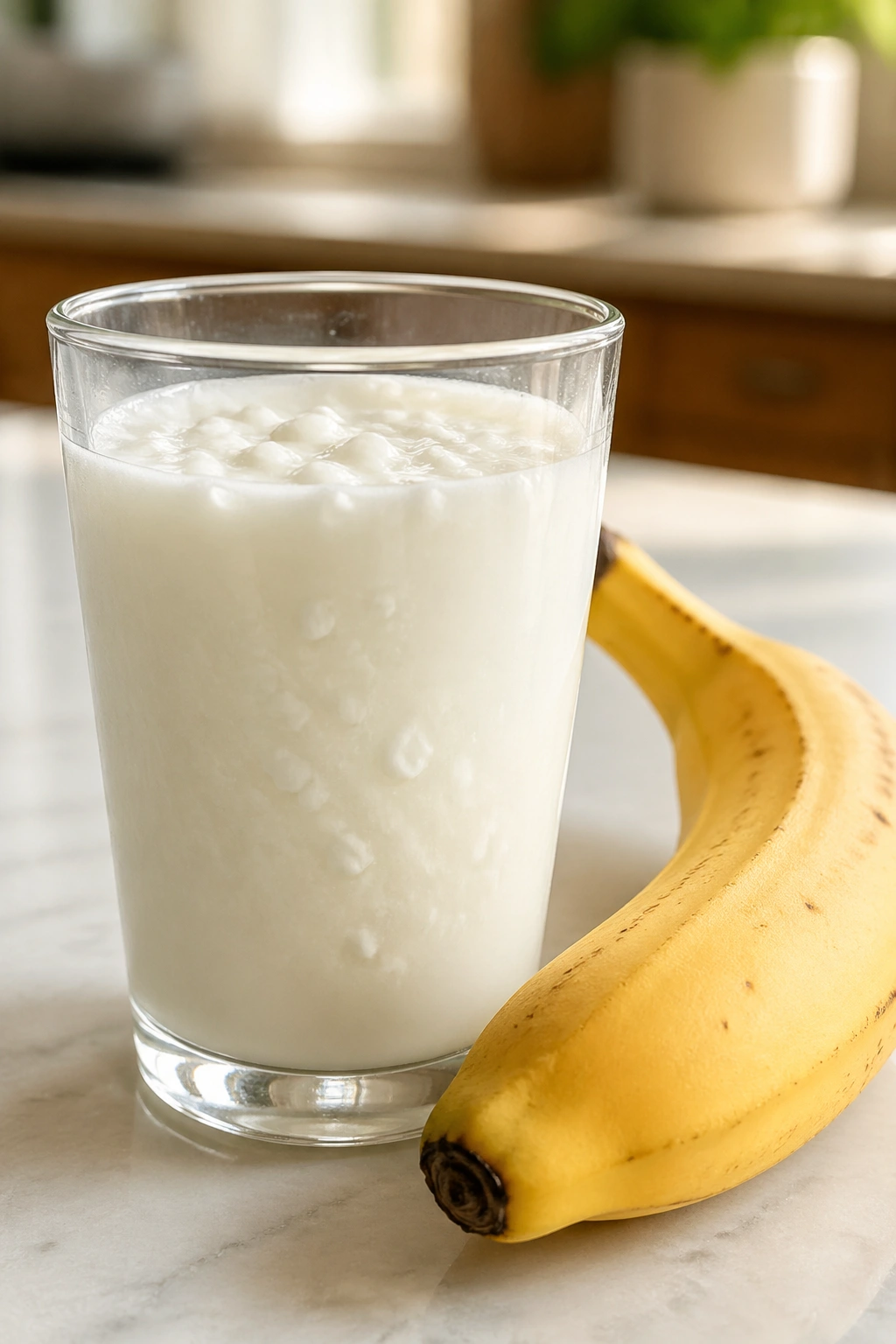 Glass of kefir with a banana on a kitchen counter.