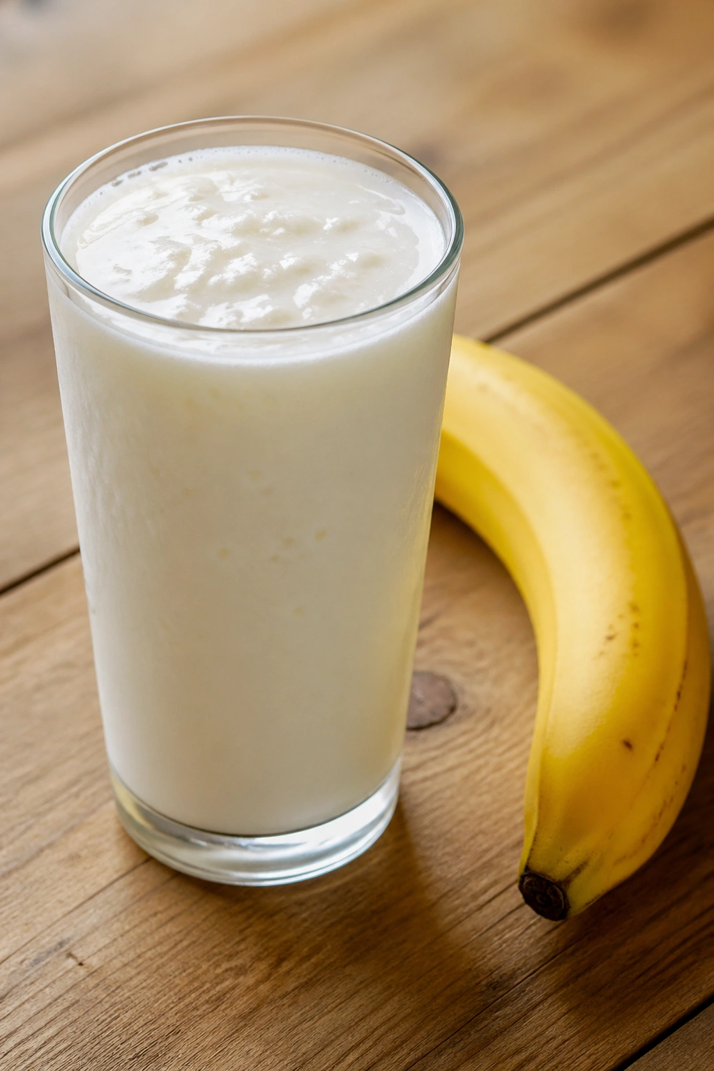 Glass of kefir with banana behind on wooden surface