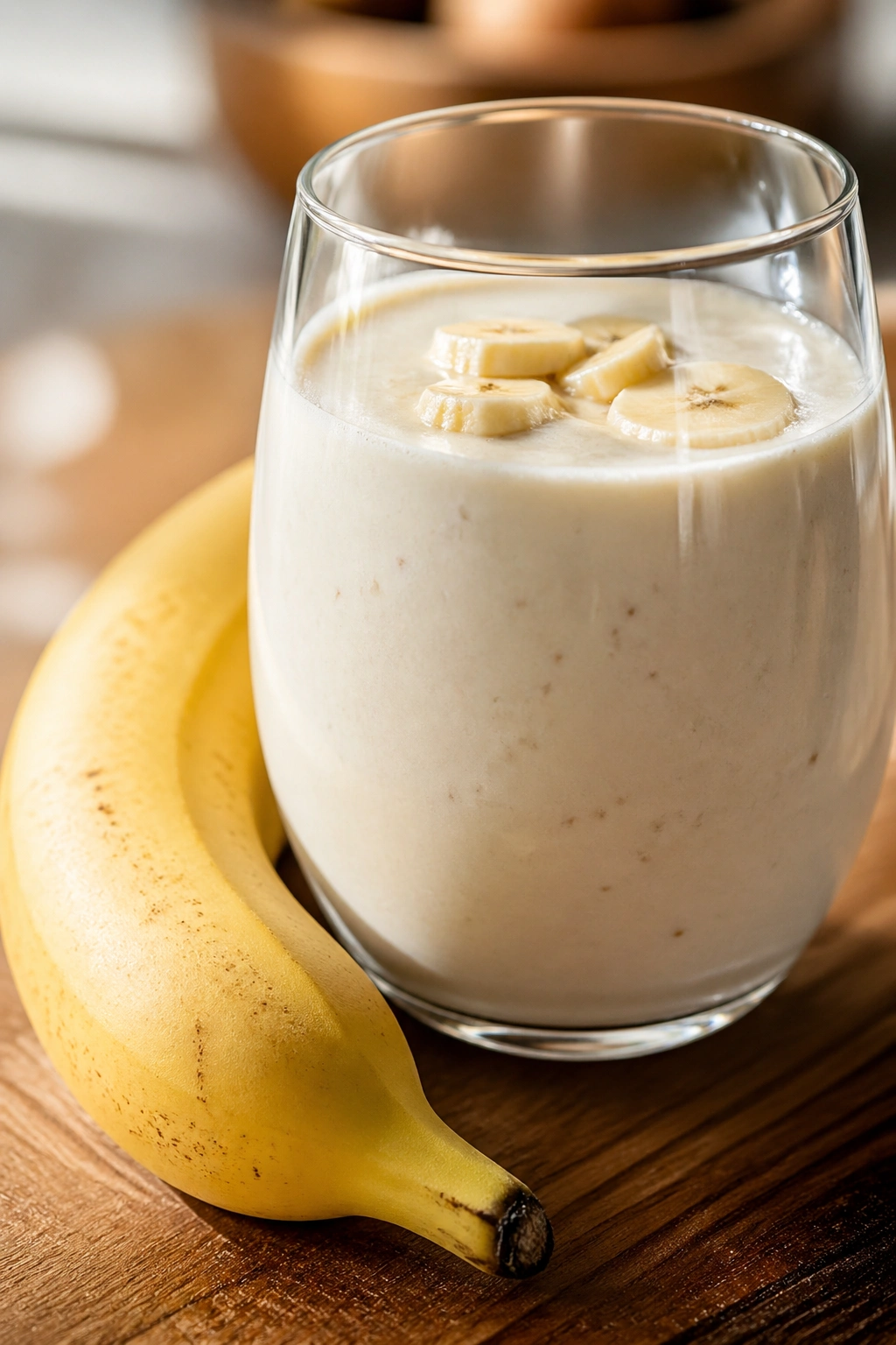 Glass of kefir with a banana beside it