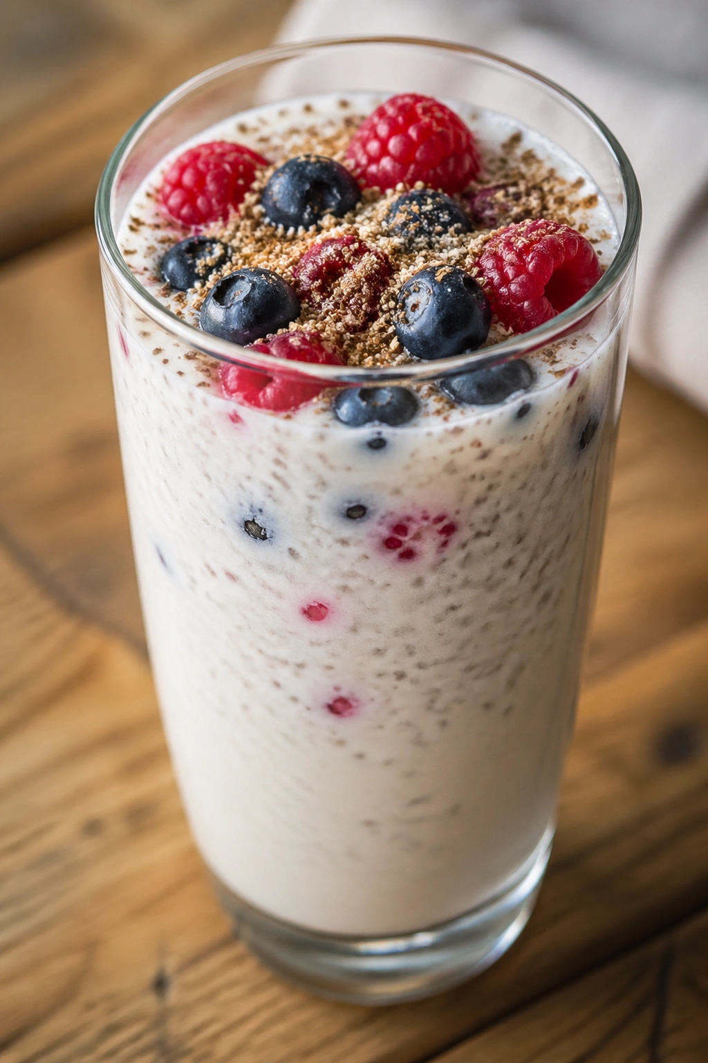 Glass of kefir with berries and ground flax on a wooden table