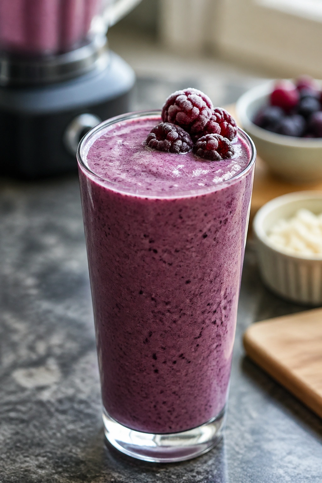 Tall glass of kefir berry smoothie with frozen berries on top
