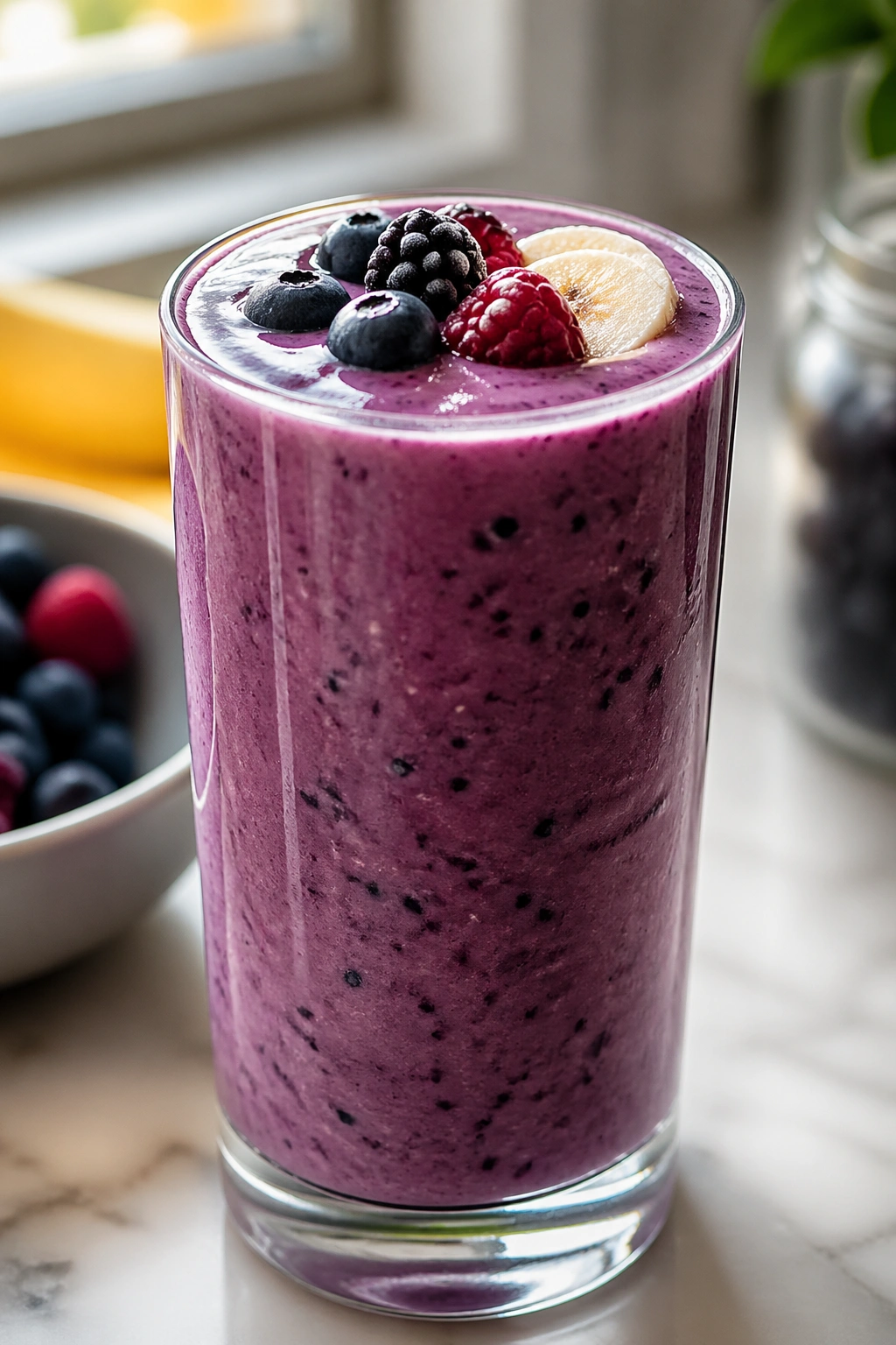 Close-up of Kefir Berry Smoothie in a glass with deep purple color and berry bits