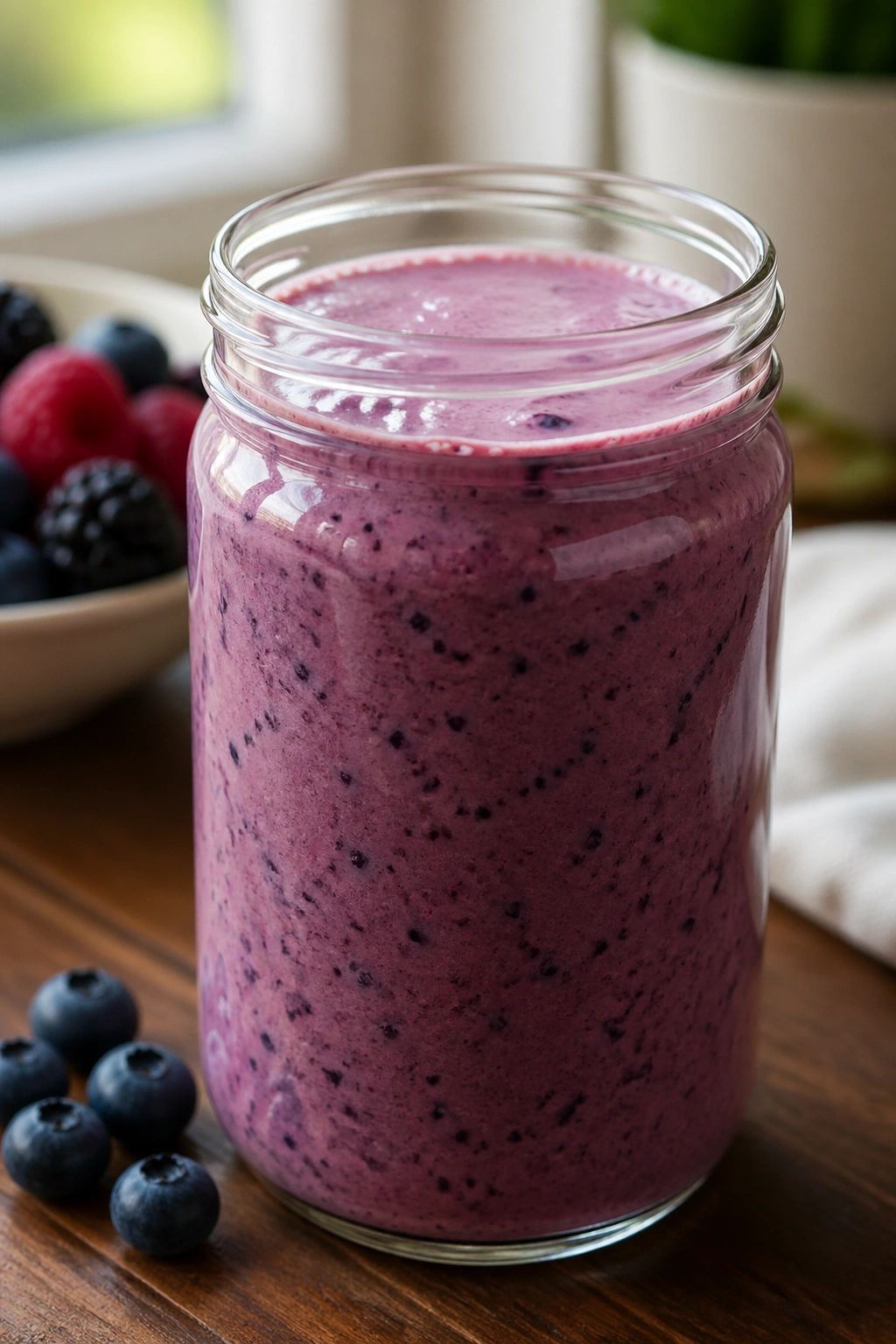 Kefir Berry Smoothie in a glass jar on a breakfast table
