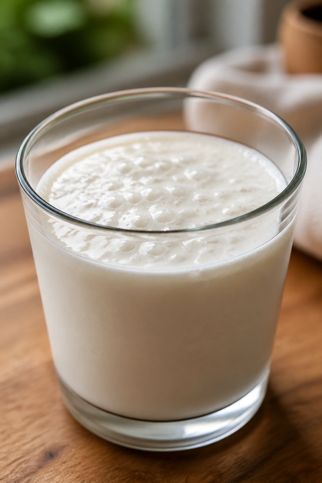 Close-up of a glass of kefir showing creamy texture on a wooden counter