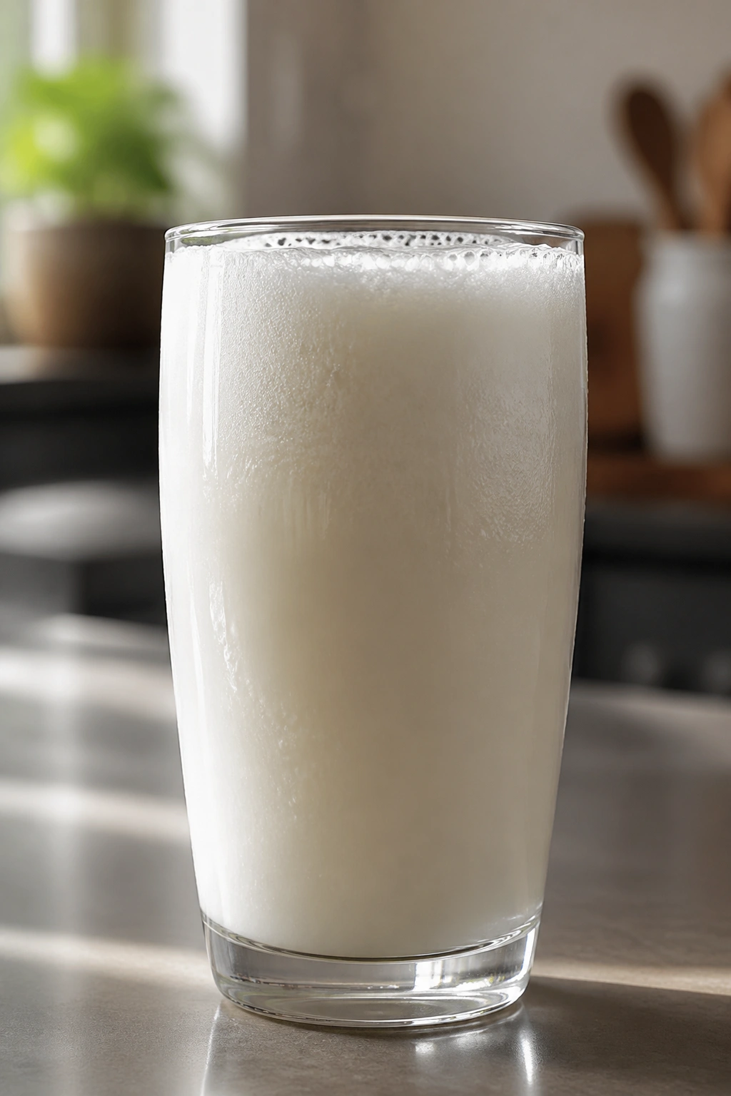 Glass of plain kefir with condensation in a kitchen