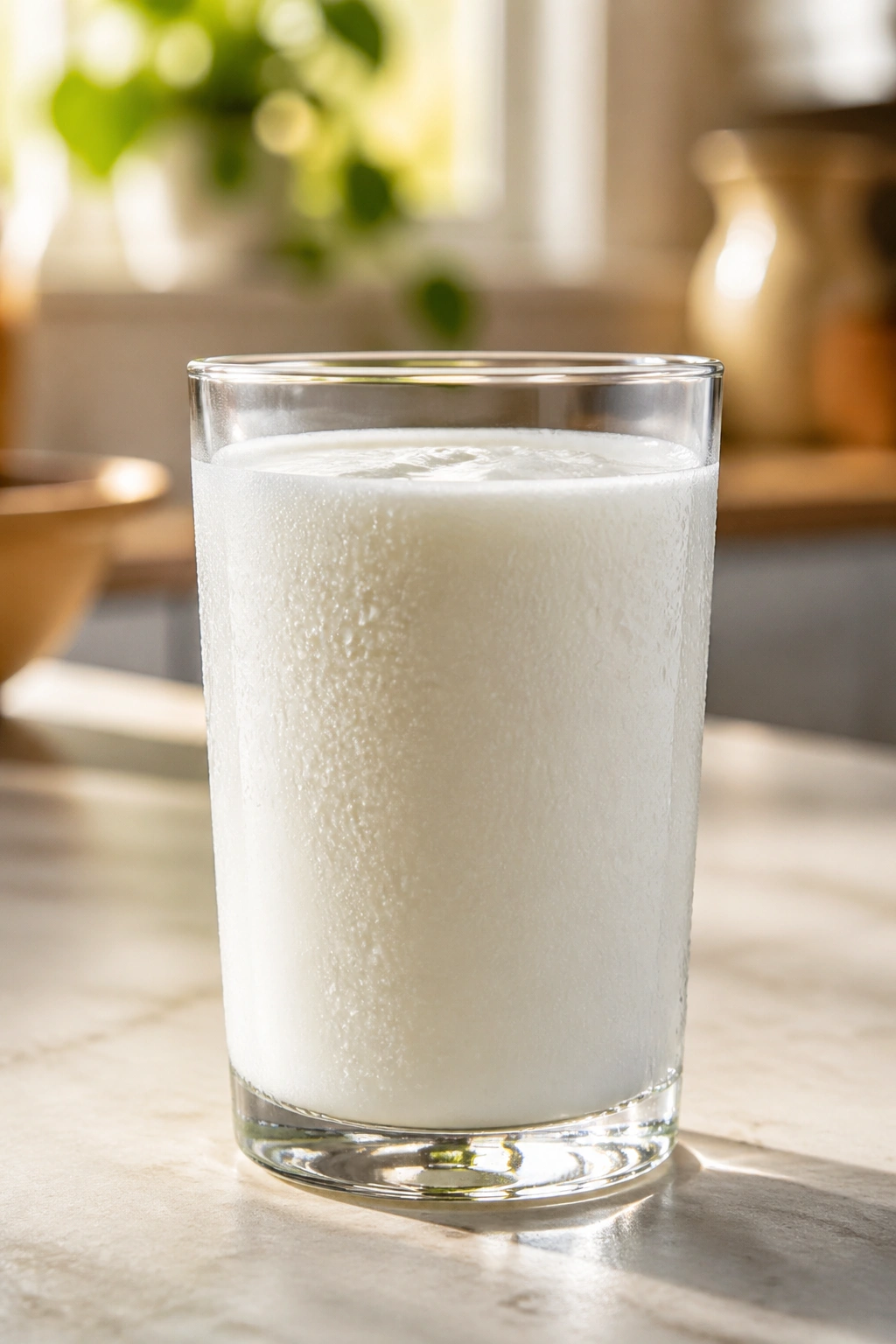 Glass of kefir on a kitchen counter with morning light.