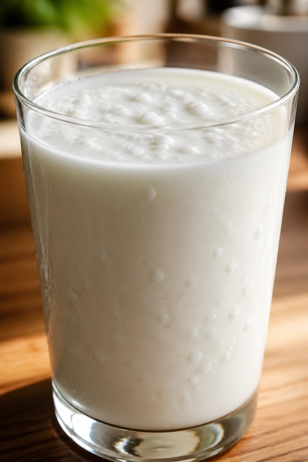 Glass of kefir on a kitchen counter in morning light