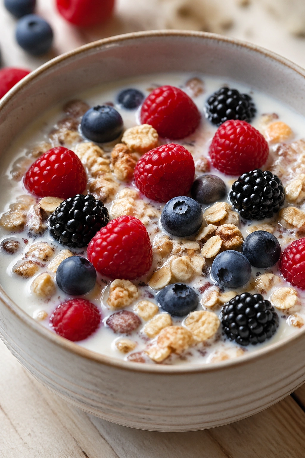 Bowl of kefir with cereal and berries on a kitchen counter
