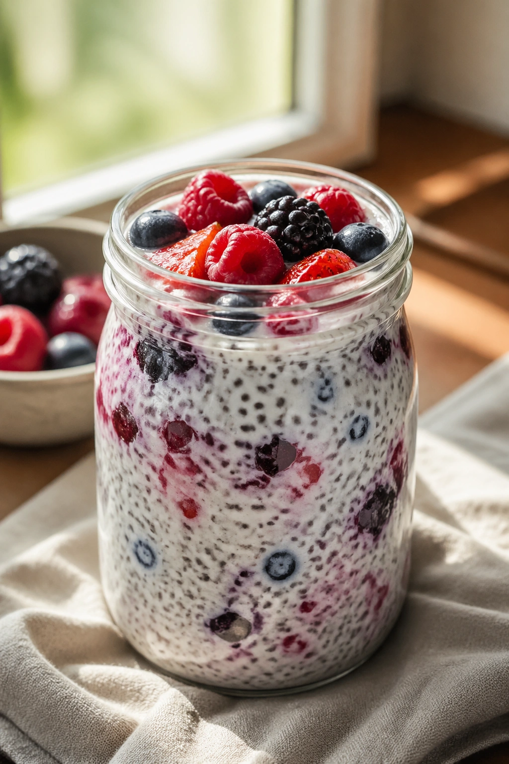 Close-up of kefir chia drink with berries in a glass jar on a breakfast setting