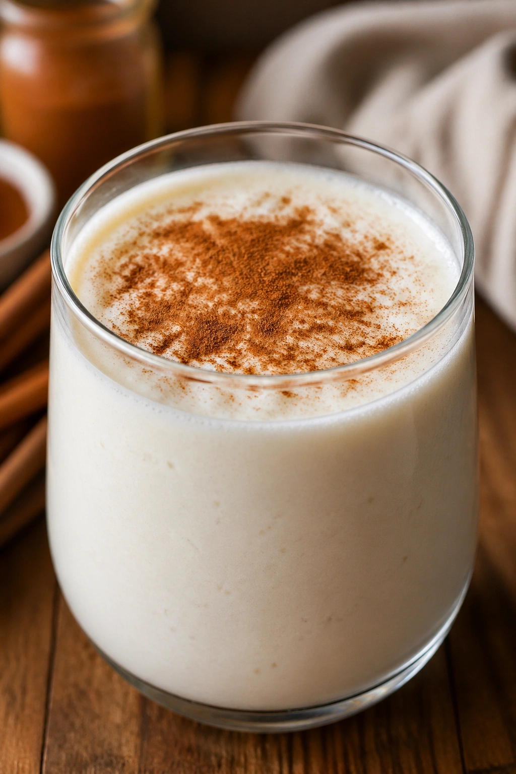 Close-up of a glass of plain kefir with cinnamon dusting