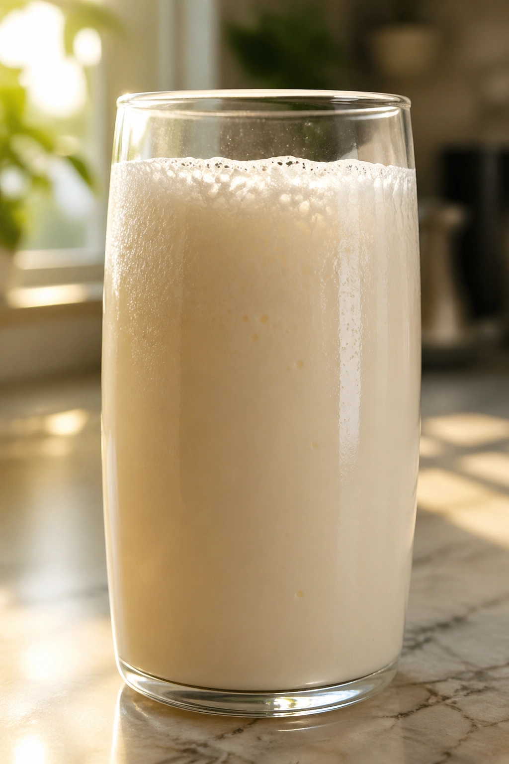 Tall glass of kefir on a kitchen counter