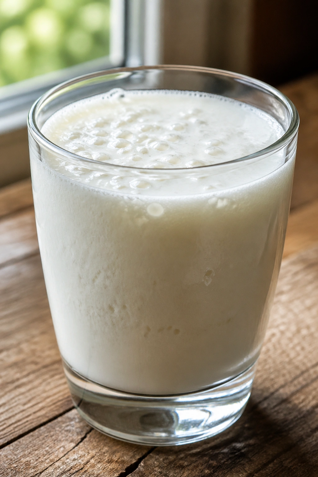 Glass of plain kefir on a wooden surface with a creamy texture and bubbles.