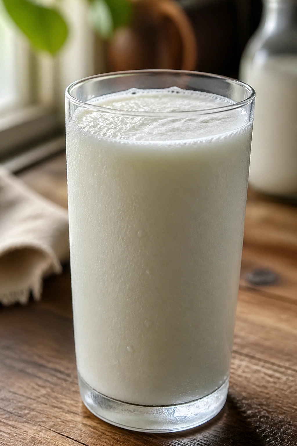 Close-up of a frosted glass of kefir on a rustic kitchen counter with condensation