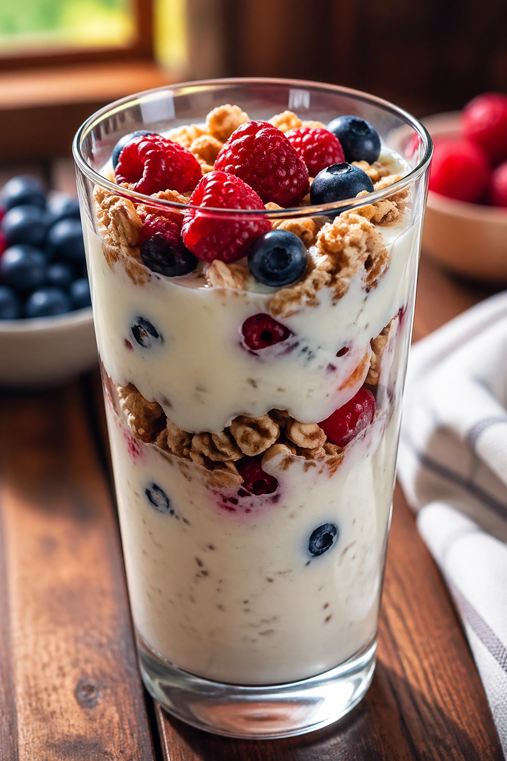 Close-up of a glass of kefir with granola and berries on a wooden table