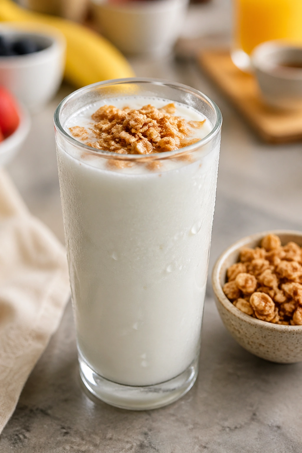 Tall glass of kefir with a bowl of granola beside it