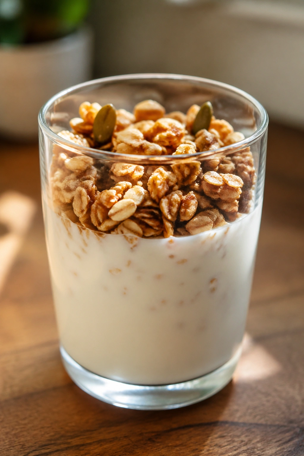 Glass of kefir with granola topping on wooden table