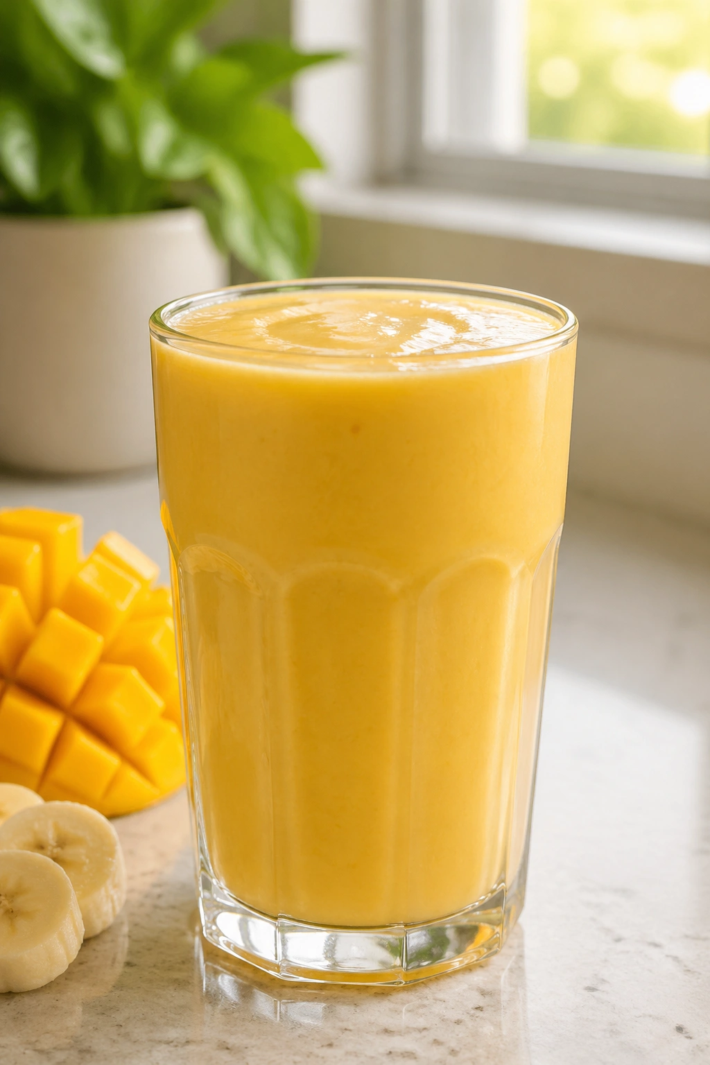 Close-up of Kefir Mango Lassi-style drink in glass on a bright kitchen counter.