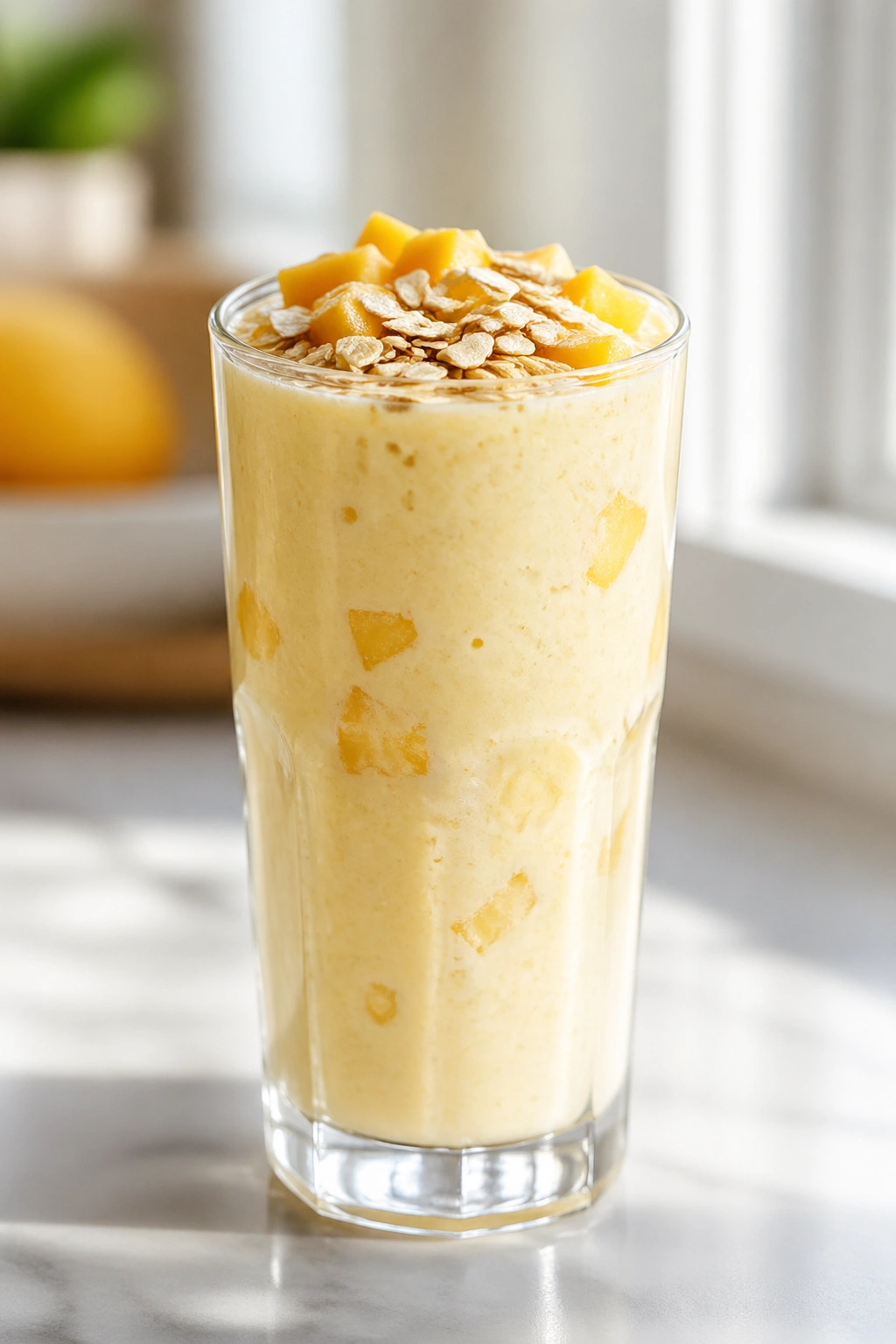 Kefir smoothie with mango and oats in a glass