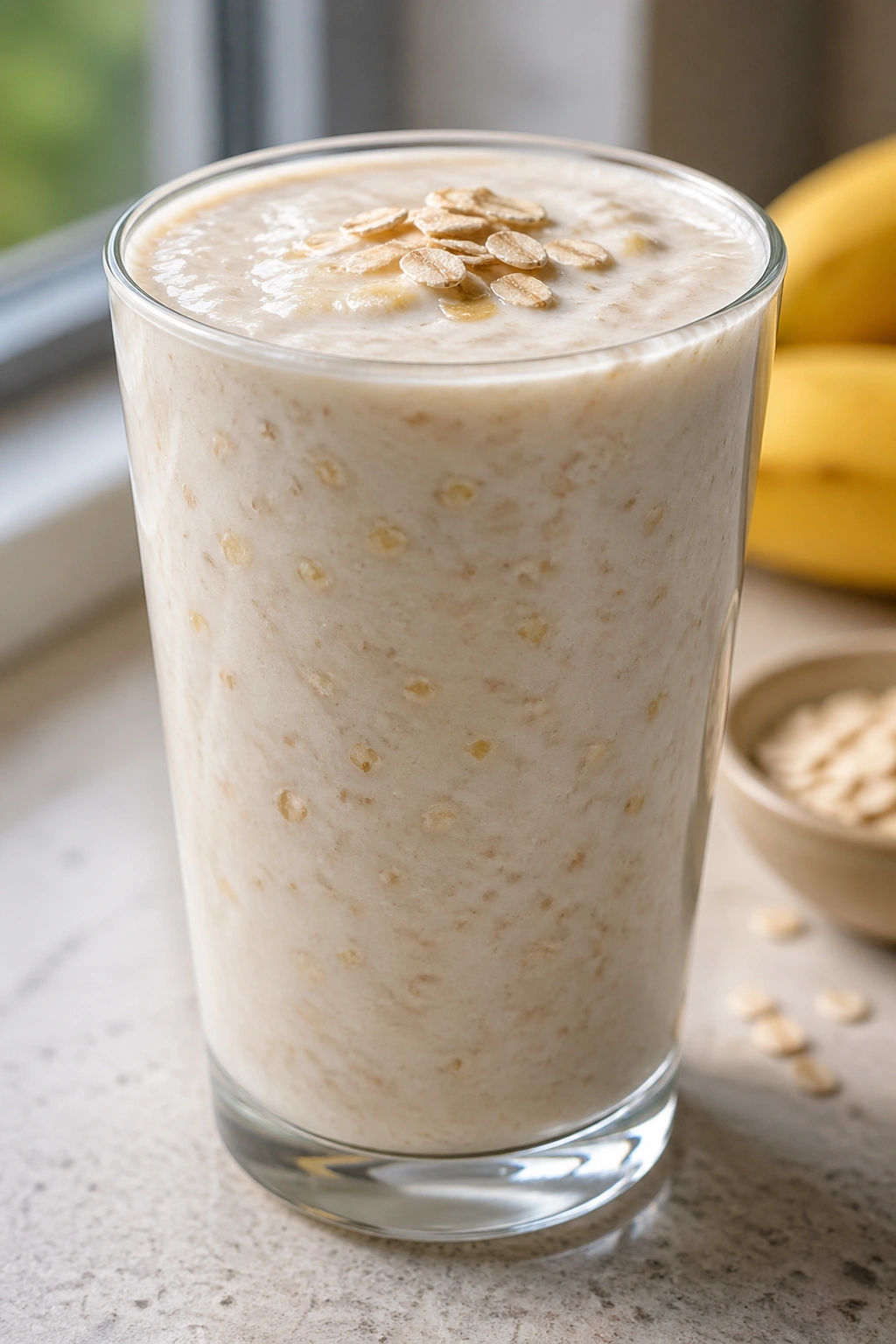 Glass of vanilla kefir oat shake with oats visible.