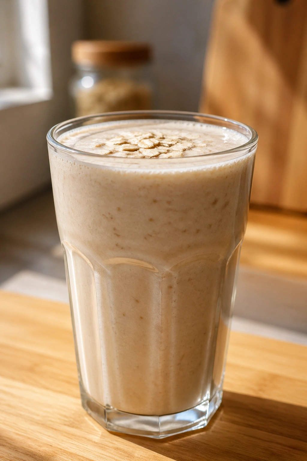 Tall glass of kefir smoothie with oats texture