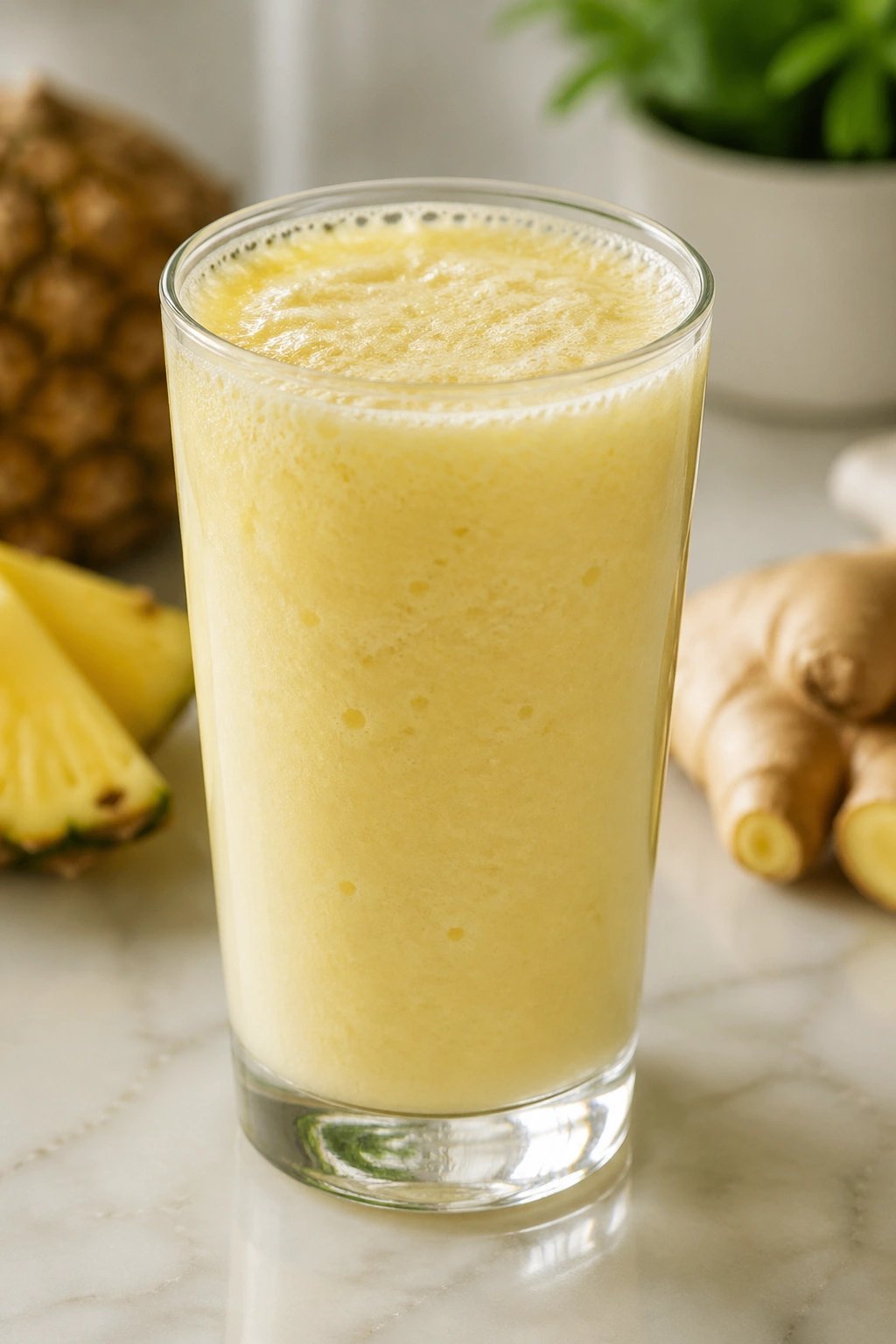 Close-up of pineapple ginger kefir refresher in a glass on a kitchen counter