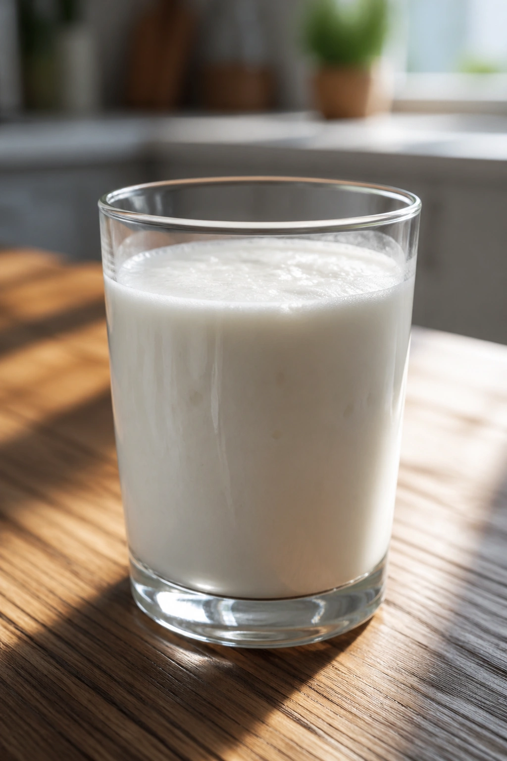 Close-up of a glass of kefir on a wooden table in a sunlit kitchen.