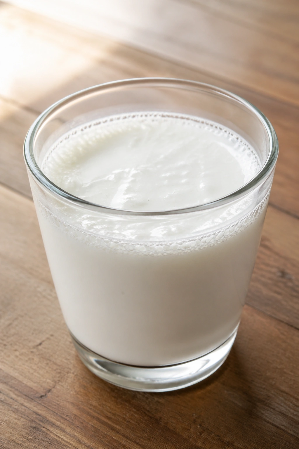 Glass of plain kefir with bubbles on a wooden table