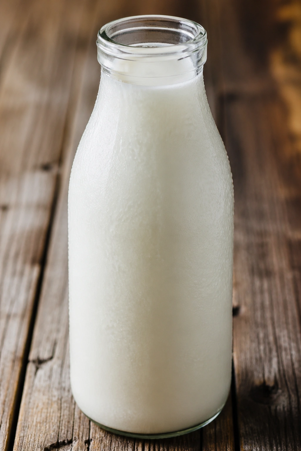 Condensed kefir bottle close-up on wooden surface