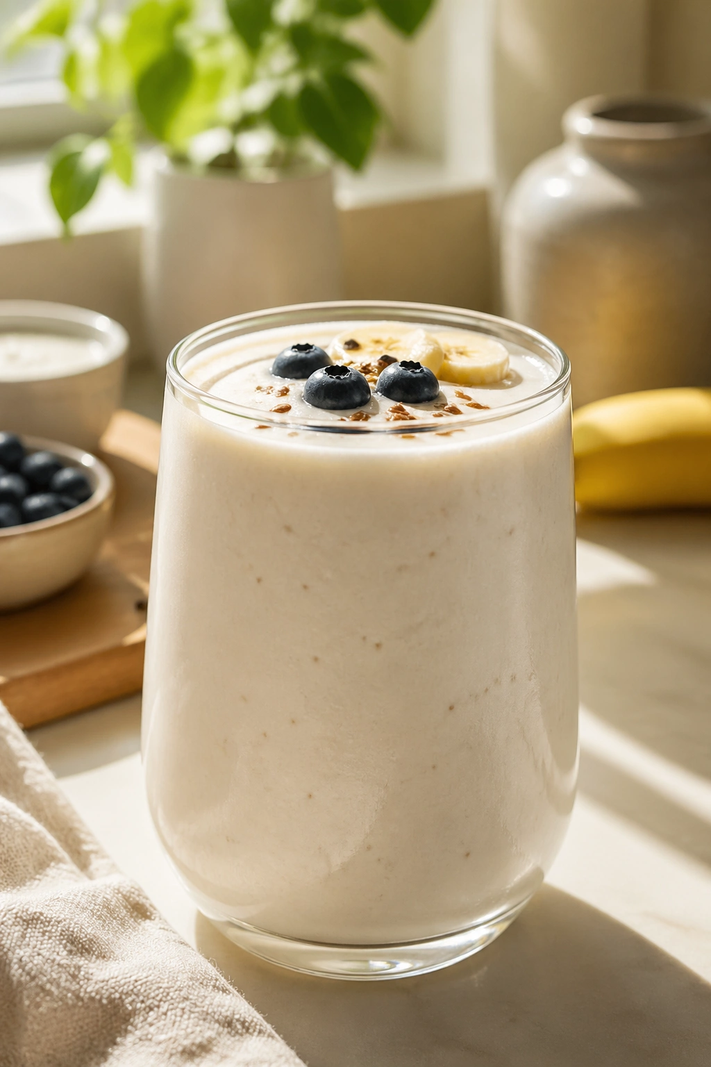 Creamy kefir smoothie in glass on kitchen counter